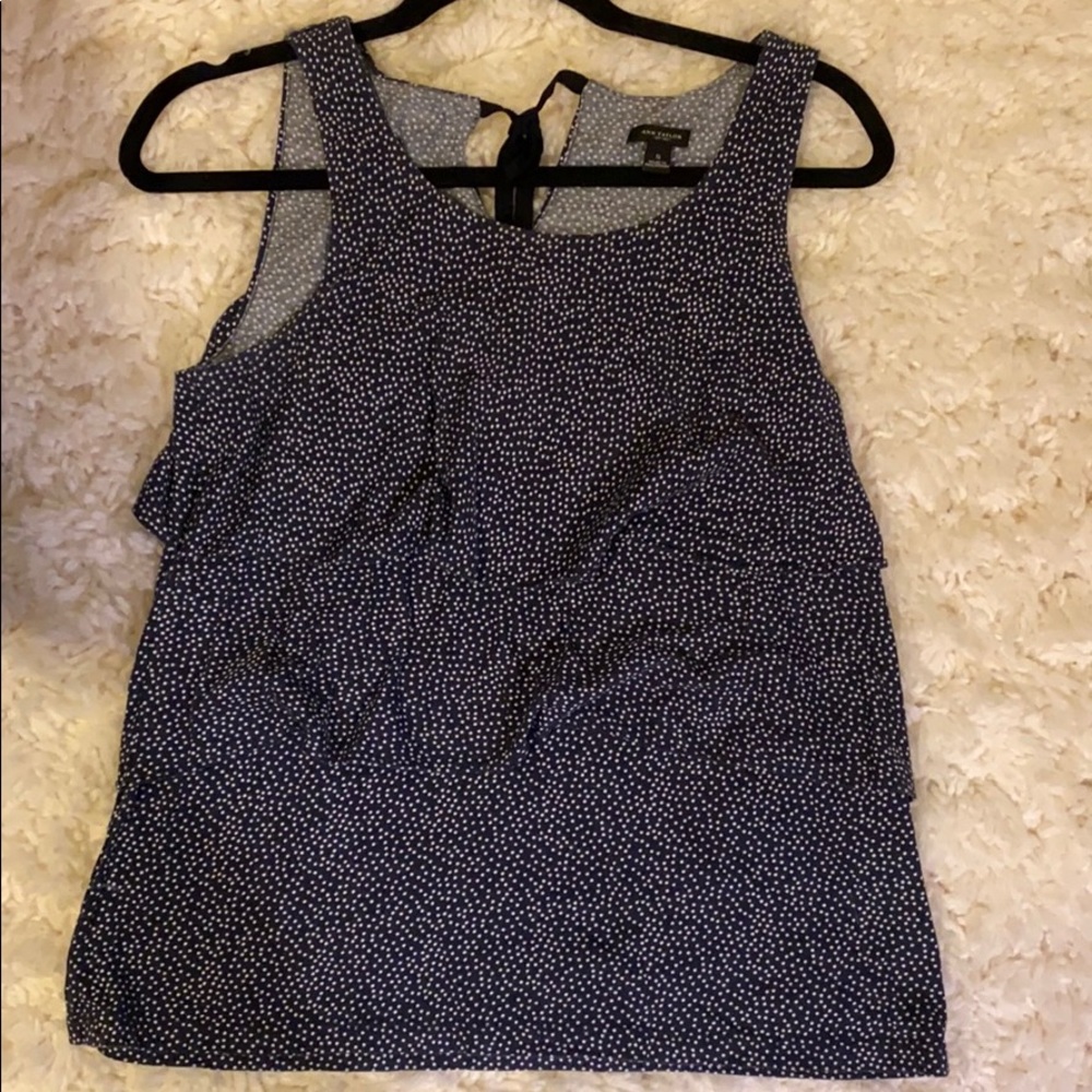 Ann Taylor women blue and white polka dot shirt.